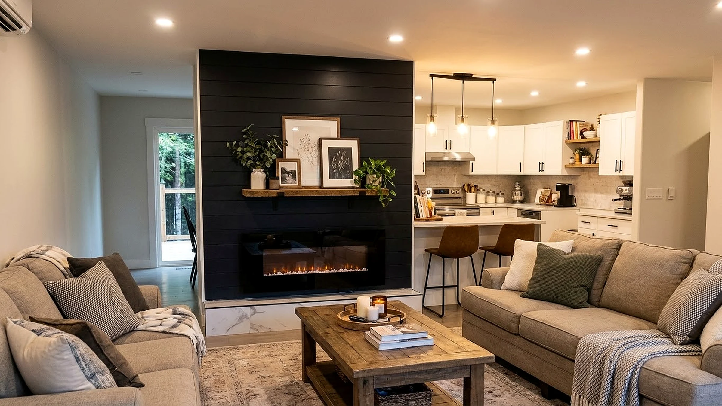Open-concept living room cleaned for a Bedford family home